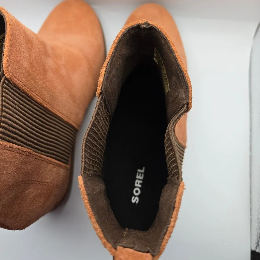 Sorel Joan of Arctic Wedge Ankle Boots Brown Suede Chelsea Booties Womens